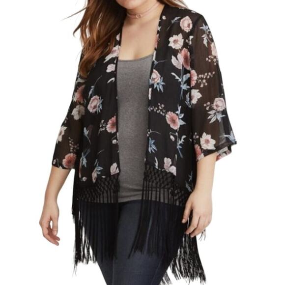Torrid Size 0 or Large Floral Fringe Hem Sheer Fringe Kimono Cardigan Black Boho - Picture 1 of 9